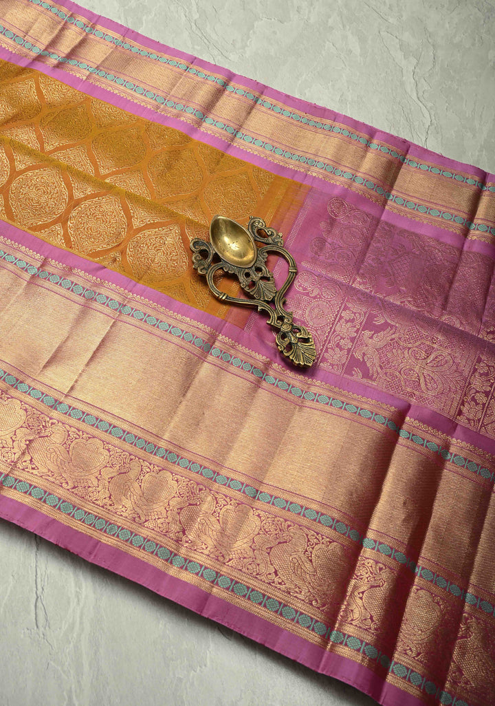 Methi Yellow Gadwal Silk Saree with Zari Brocade and Contrast Wide Zari Border | SILK MARK CERTIFIED