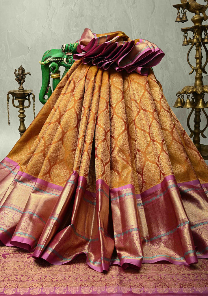 Methi Yellow Gadwal Silk Saree with Zari Brocade and Contrast Wide Zari Border | SILK MARK CERTIFIED