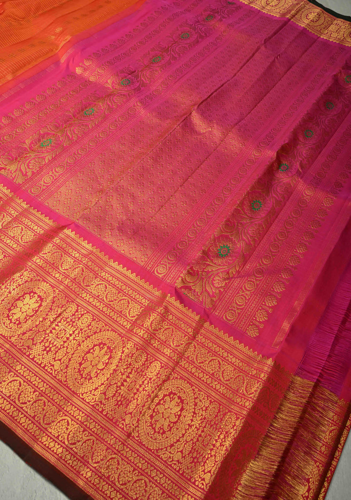 Flame Orange Zari Checks on Gadwal Silk Saree with Zari Buttas and Wide Zari Border | SILK MARK CERTIFIED