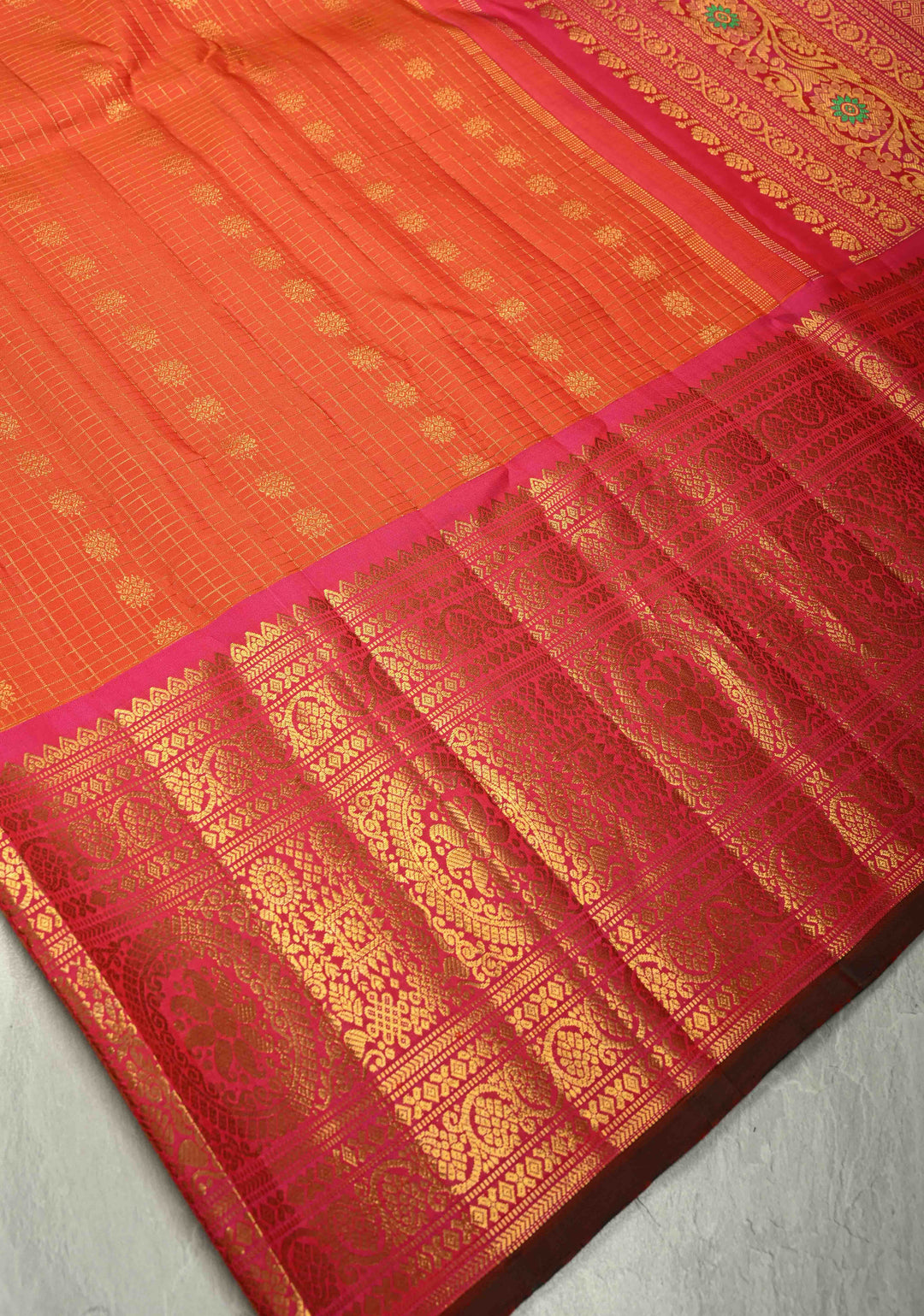 Flame Orange Zari Checks on Gadwal Silk Saree with Zari Buttas and Wide Zari Border | SILK MARK CERTIFIED