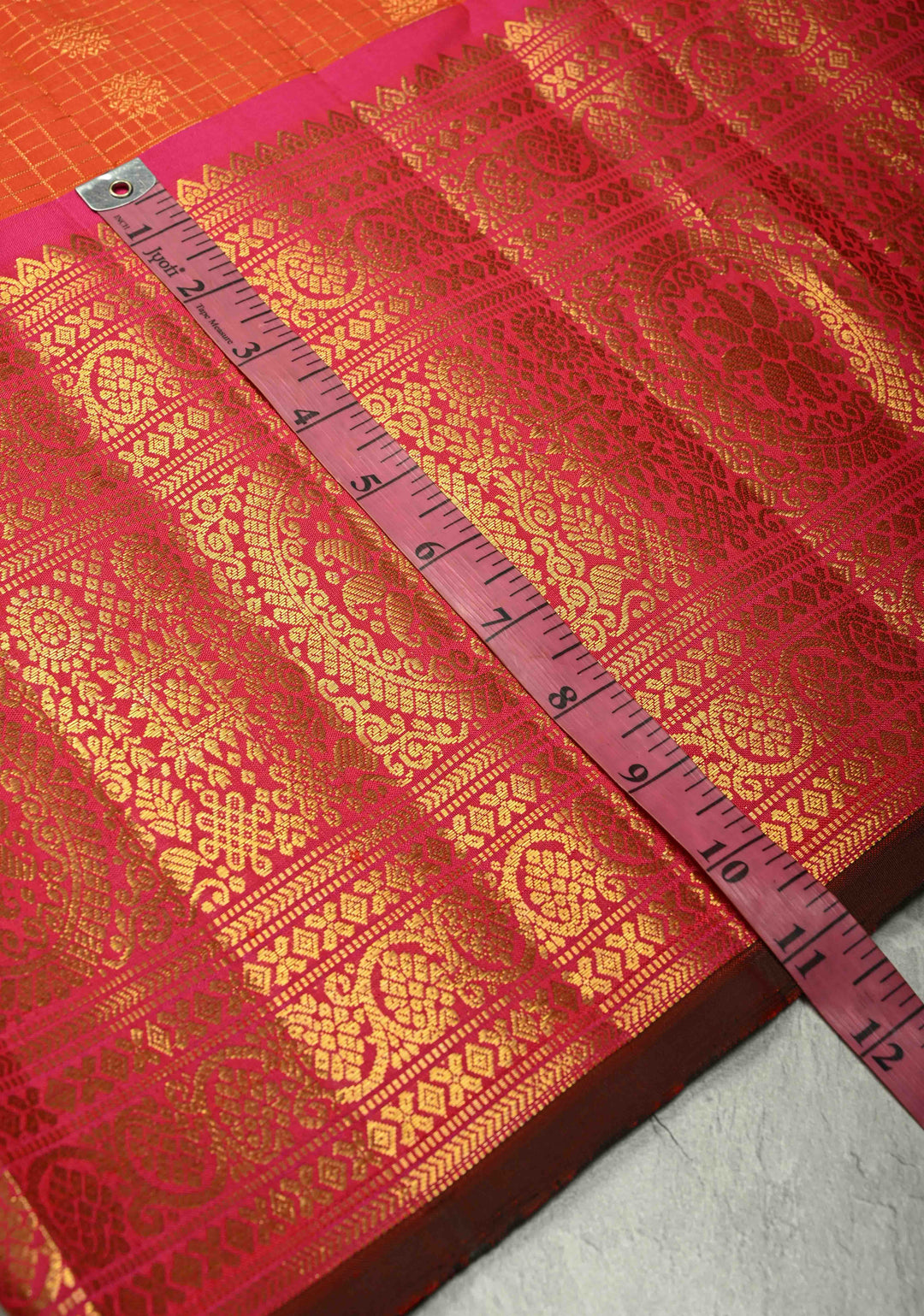 Flame Orange Zari Checks on Gadwal Silk Saree with Zari Buttas and Wide Zari Border | SILK MARK CERTIFIED