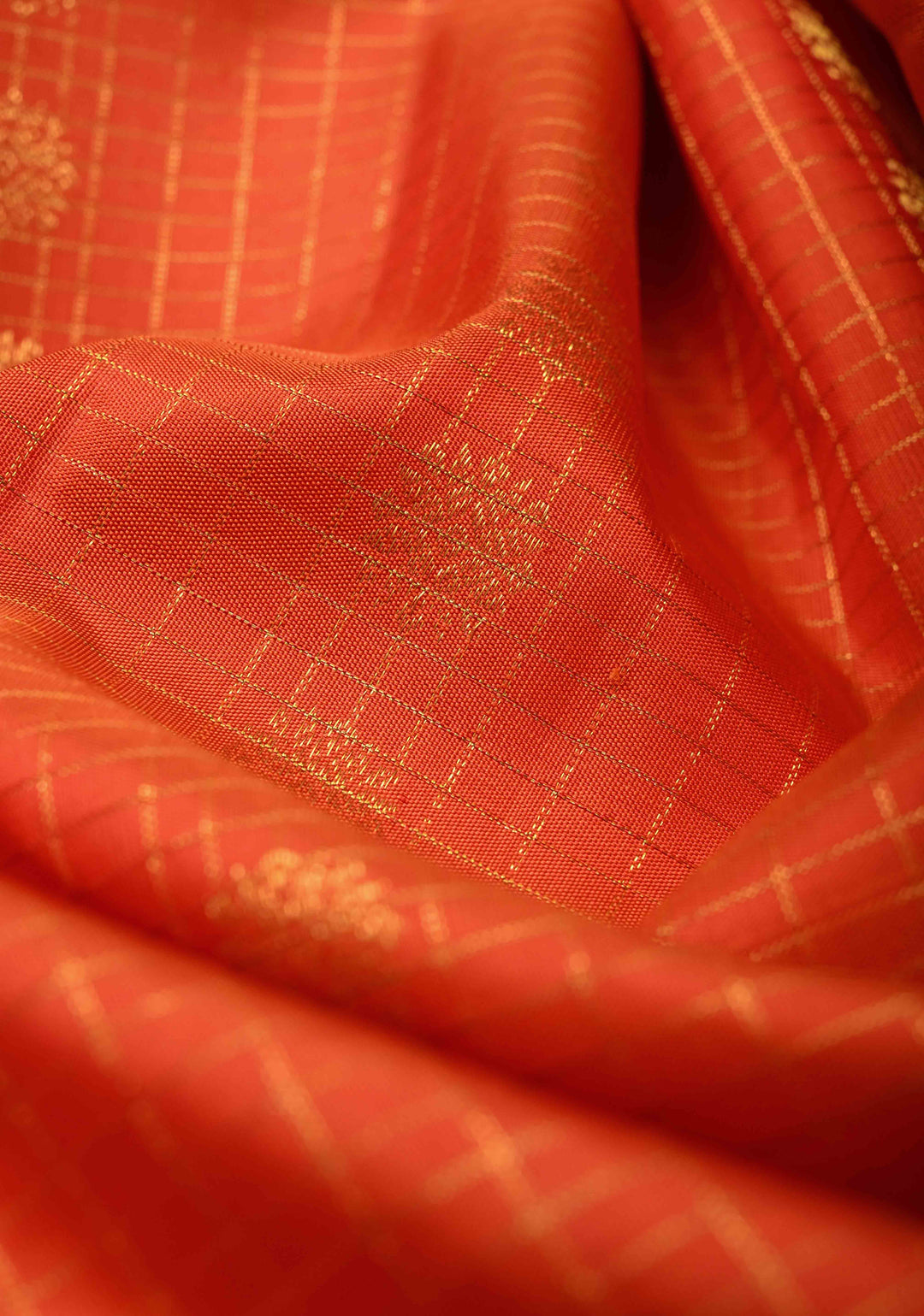 Flame Orange Zari Checks on Gadwal Silk Saree with Zari Buttas and Wide Zari Border | SILK MARK CERTIFIED