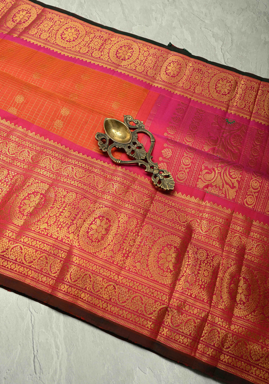 Flame Orange Zari Checks on Gadwal Silk Saree with Zari Buttas and Wide Zari Border | SILK MARK CERTIFIED