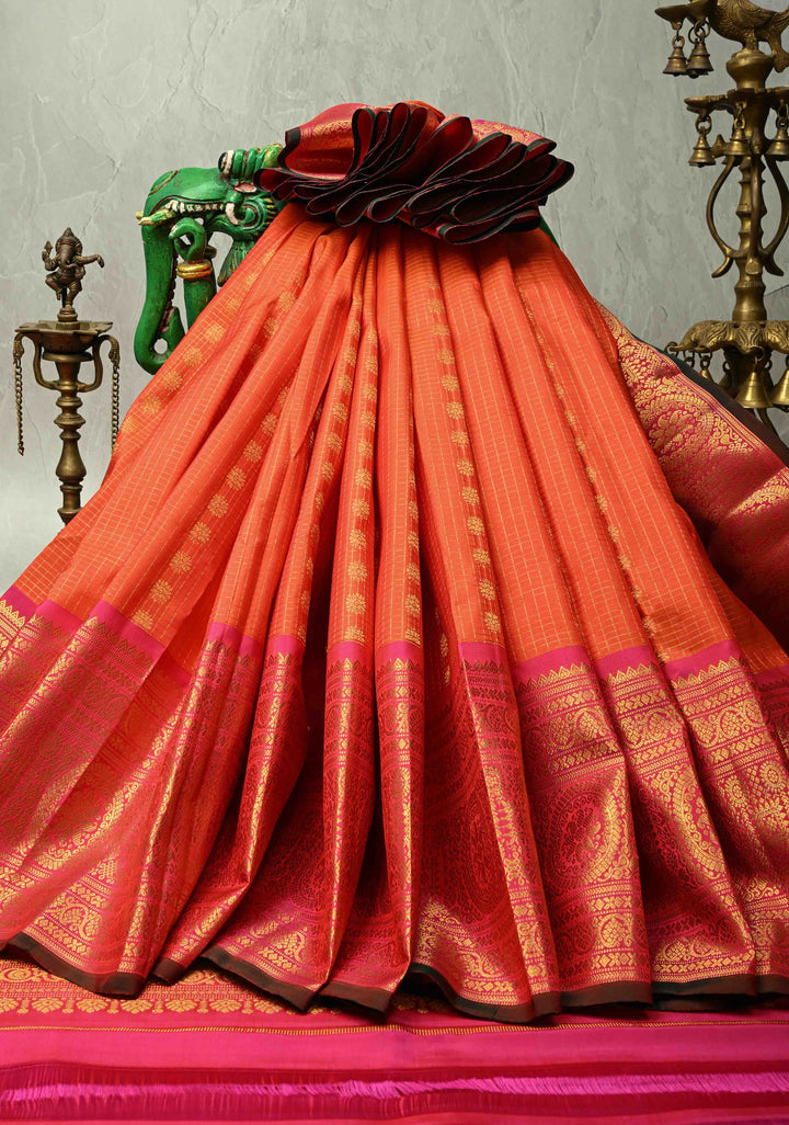 Flame Orange Zari Checks on Gadwal Silk Saree with Zari Buttas and Wide Zari Border | SILK MARK CERTIFIED