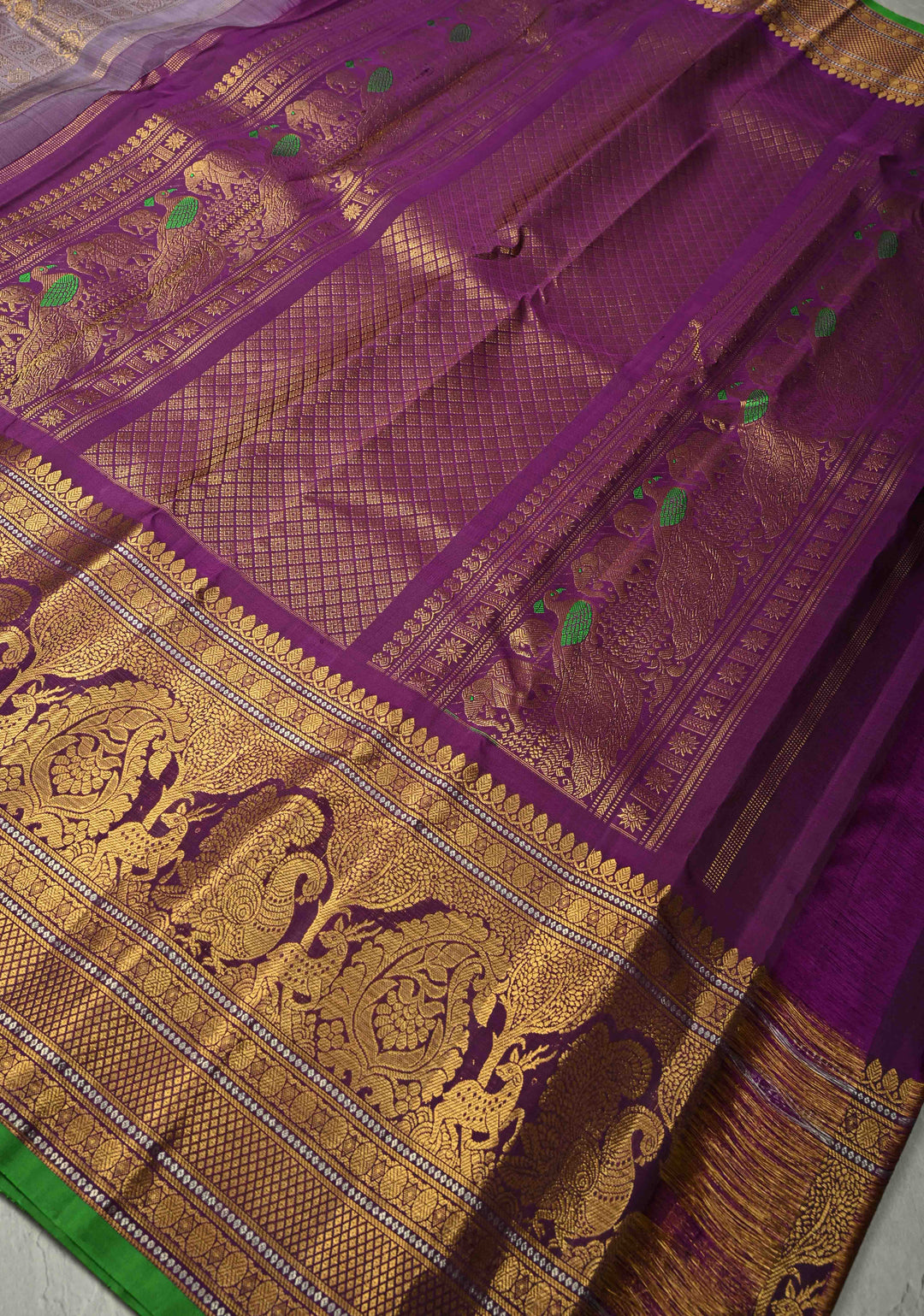 Dusty Lilac Gadwal Silk Saree with Patola Zari Brocade and Contrast Wide Zari Border | SILK MARK CERTIFIED