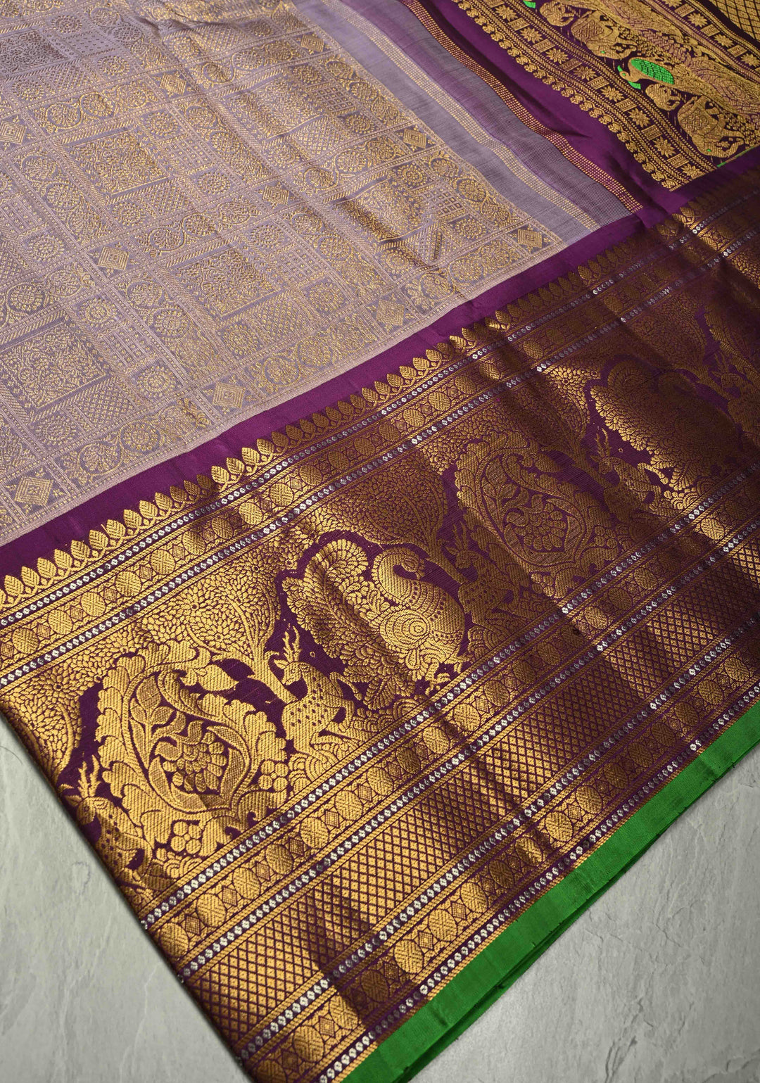 Dusty Lilac Gadwal Silk Saree with Patola Zari Brocade and Contrast Wide Zari Border | SILK MARK CERTIFIED