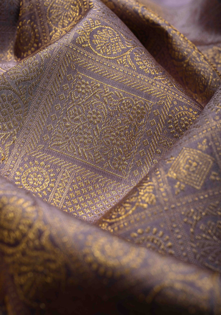 Dusty Lilac Gadwal Silk Saree with Patola Zari Brocade and Contrast Wide Zari Border | SILK MARK CERTIFIED