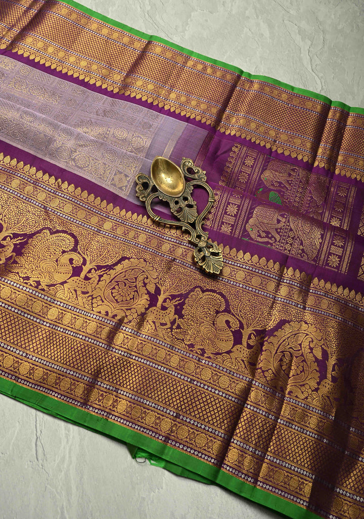 Dusty Lilac Gadwal Silk Saree with Patola Zari Brocade and Contrast Wide Zari Border | SILK MARK CERTIFIED