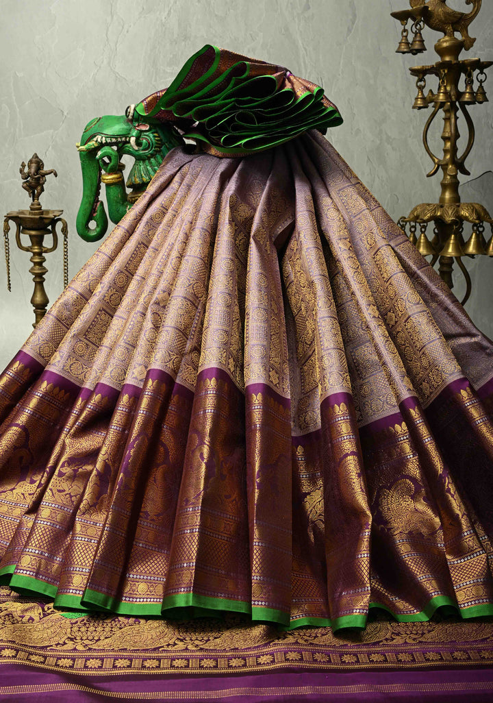 Dusty Lilac Gadwal Silk Saree with Patola Zari Brocade and Contrast Wide Zari Border | SILK MARK CERTIFIED