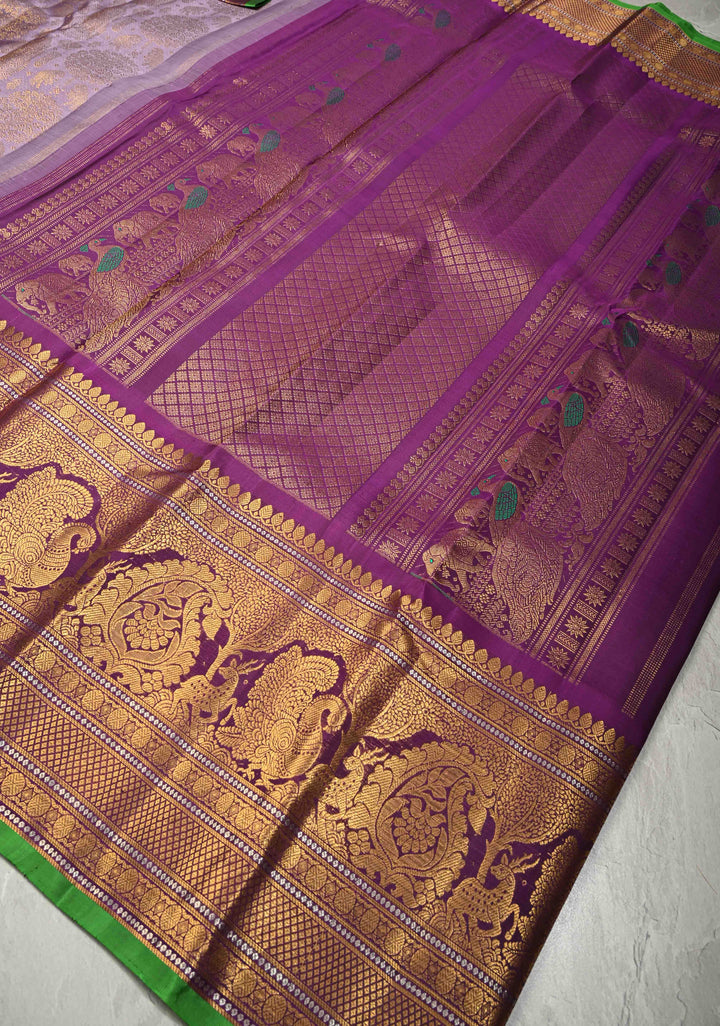 Amethyst Pure Gadwal Silk Saree with Zari Brocade and Contrast Wide Zari Border | SILK MARK CERTIFIED