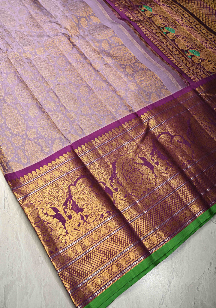 Amethyst Pure Gadwal Silk Saree with Zari Brocade and Contrast Wide Zari Border | SILK MARK CERTIFIED