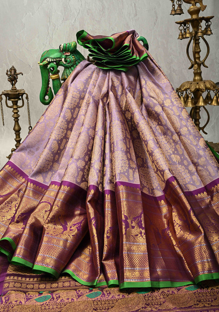Amethyst Pure Gadwal Silk Saree with Zari Brocade and Contrast Wide Zari Border | SILK MARK CERTIFIED