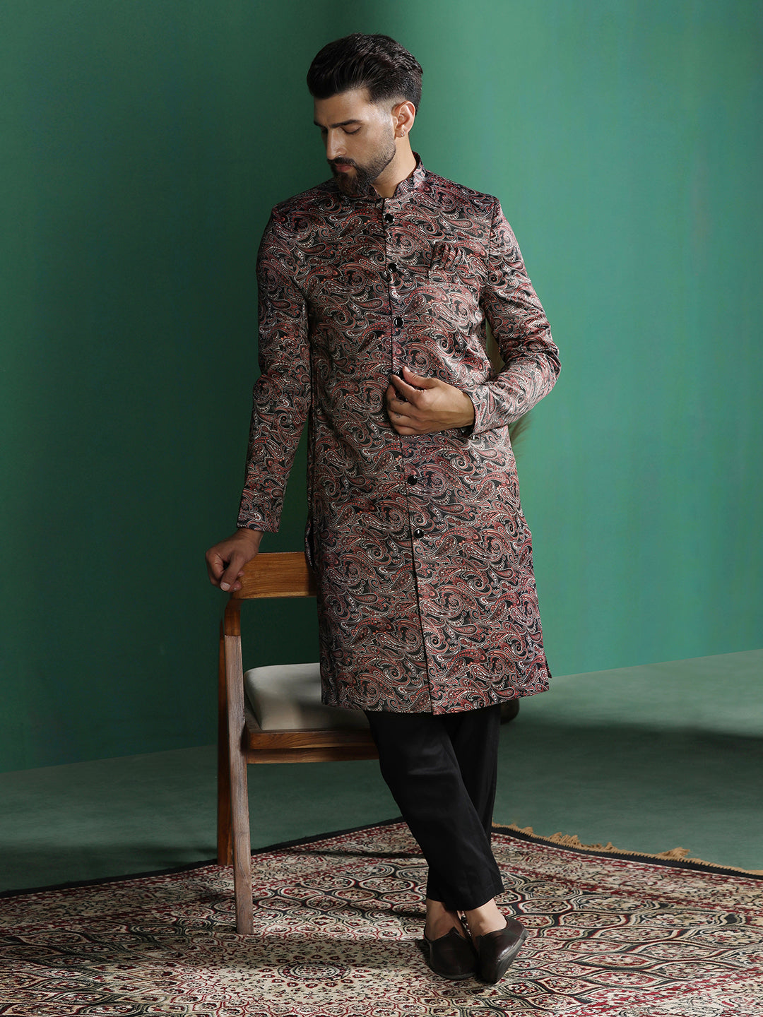 Maroon Cotton Blend Sherwani Set For Men With Paisley Print | SHOBITAM