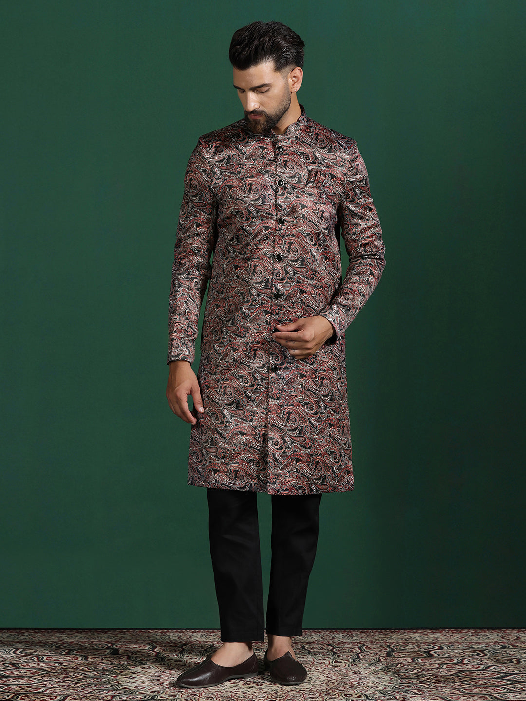 Maroon Cotton Blend Sherwani Set For Men With Paisley Print | SHOBITAM