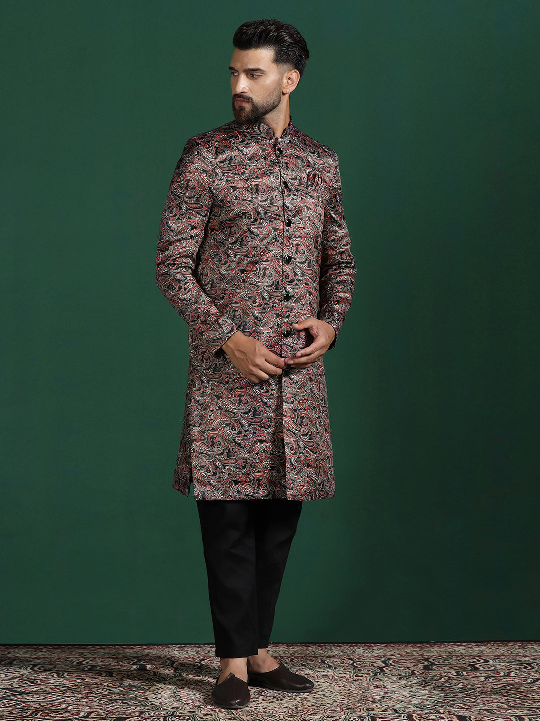 Maroon Cotton Blend Sherwani Set For Men With Paisley Print | SHOBITAM