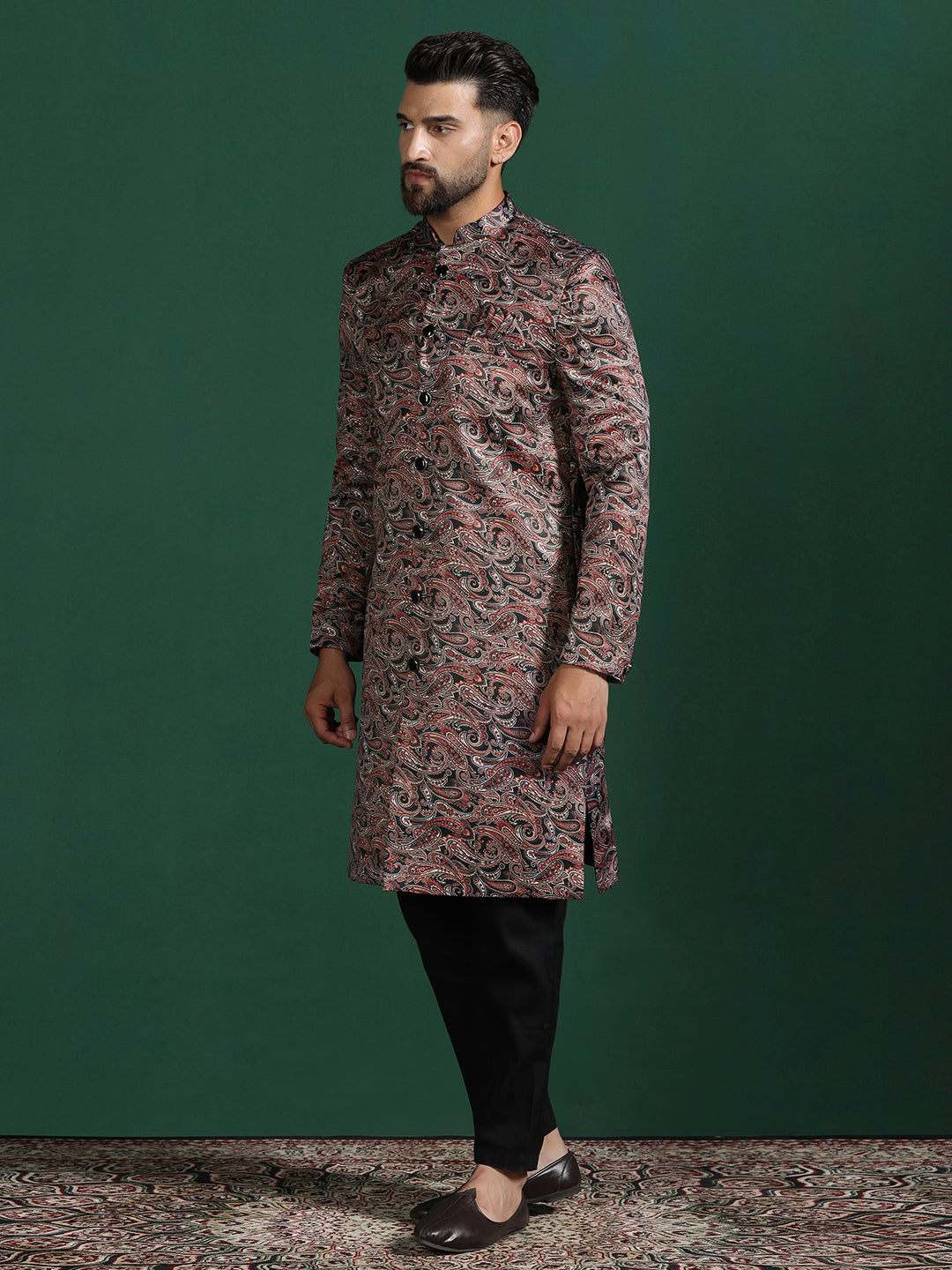 Maroon Cotton Blend Sherwani Set For Men With Paisley Print | SHOBITAM
