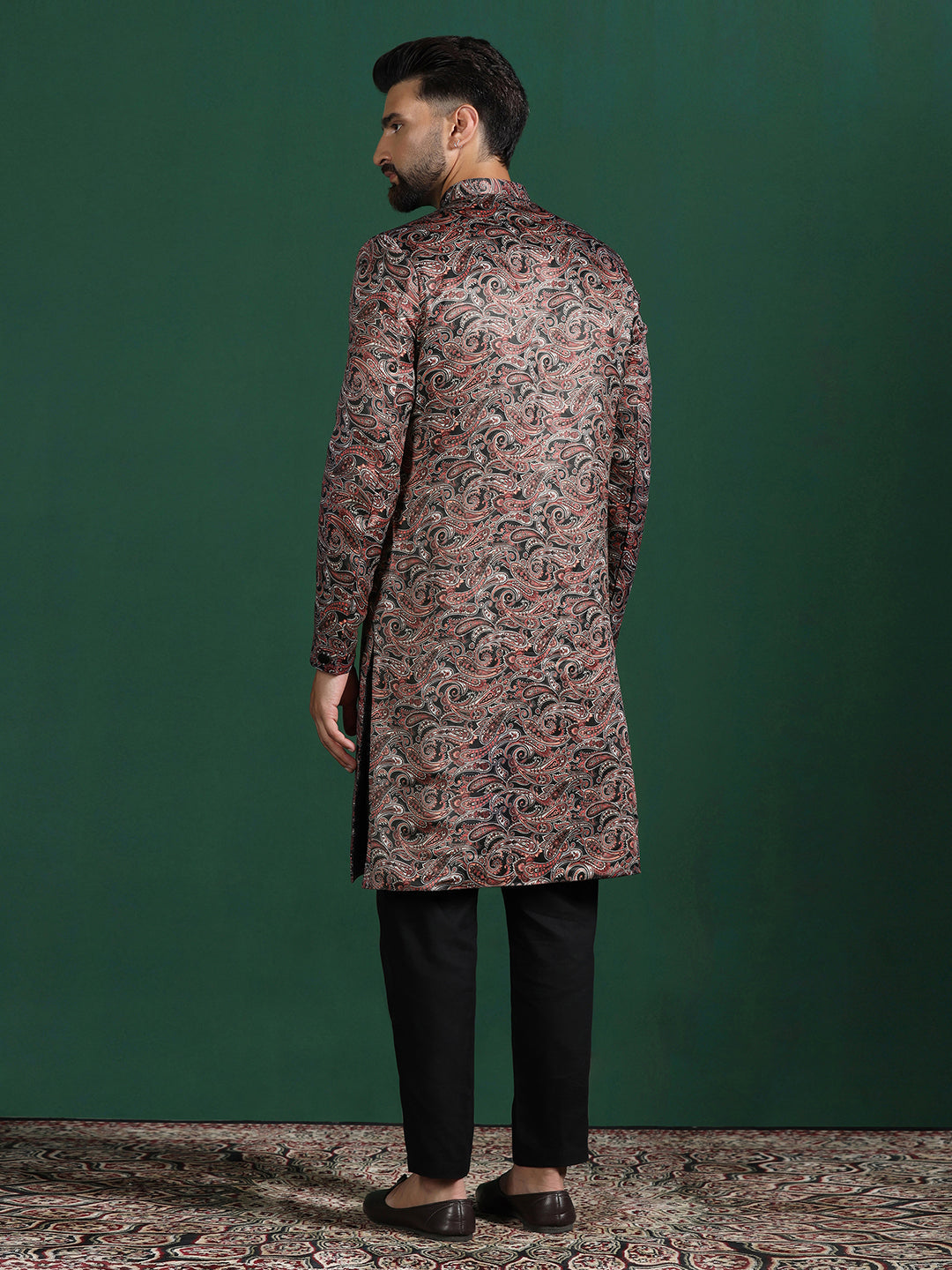 Maroon Cotton Blend Sherwani Set For Men With Paisley Print | SHOBITAM