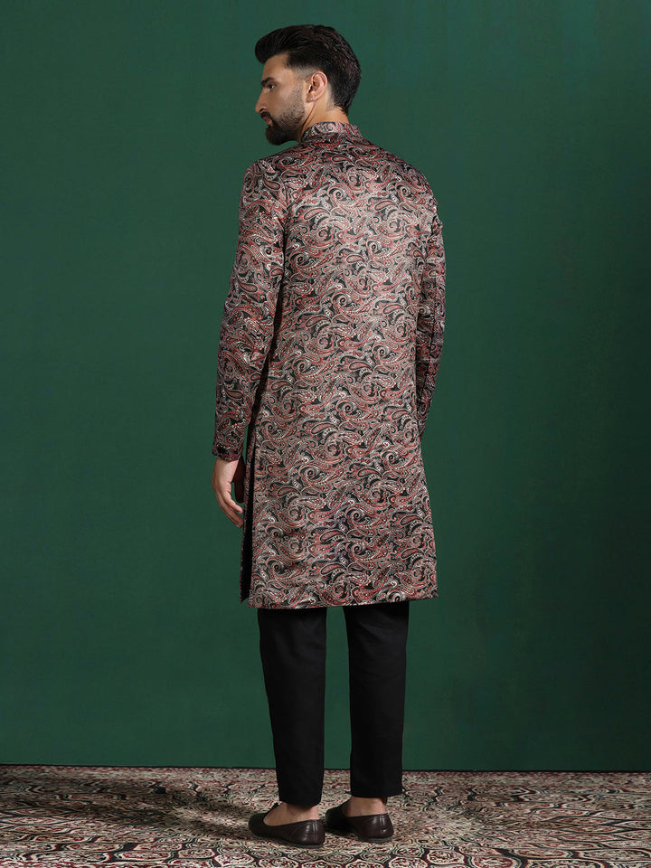 Maroon Cotton Blend Sherwani Set For Men With Paisley Print | SHOBITAM