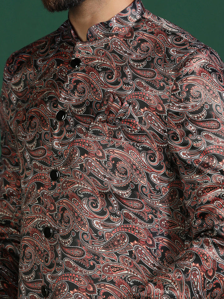 Maroon Cotton Blend Sherwani Set For Men With Paisley Print | SHOBITAM