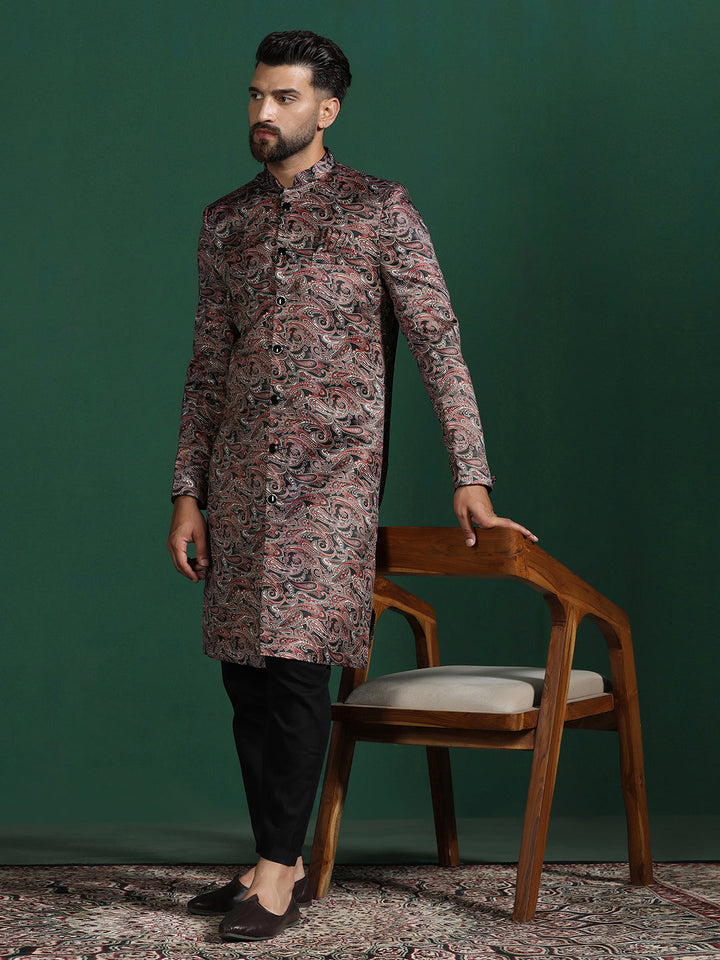 Maroon Cotton Blend Sherwani Set For Men With Paisley Print | SHOBITAM