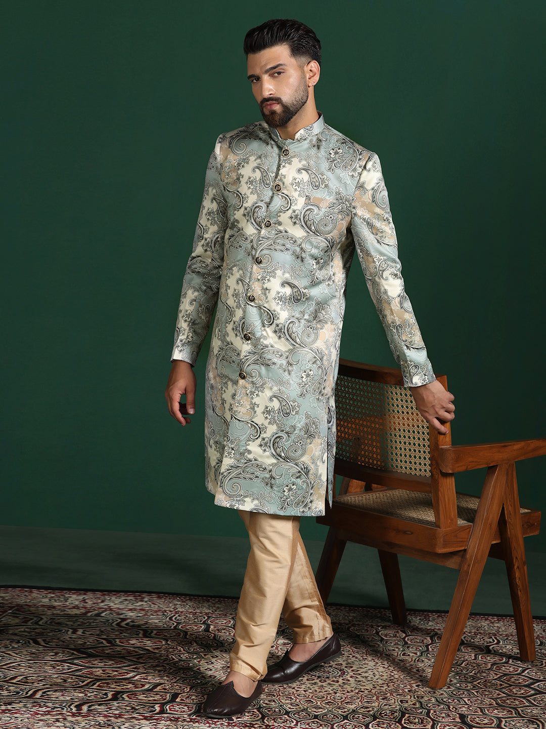 Grey Cotton Blend Sherwani Set For Men With Paisley Print | SHOBITAM