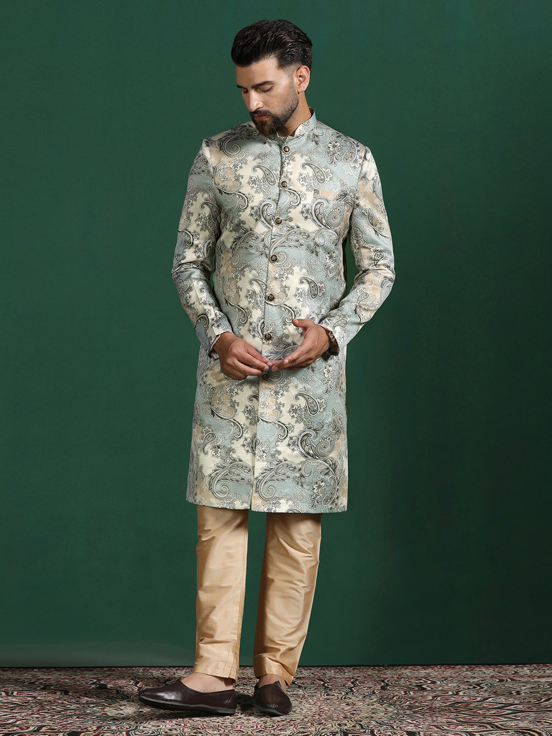 Grey Cotton Blend Sherwani Set For Men With Paisley Print | SHOBITAM