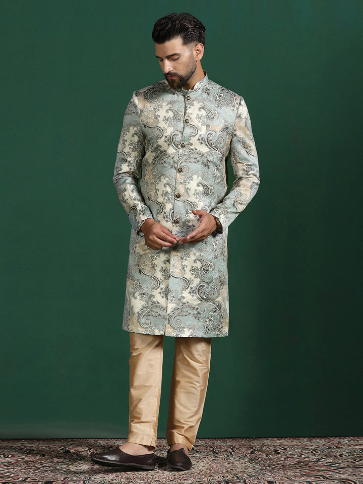 Grey Cotton Blend Sherwani Set For Men With Paisley Print | SHOBITAM