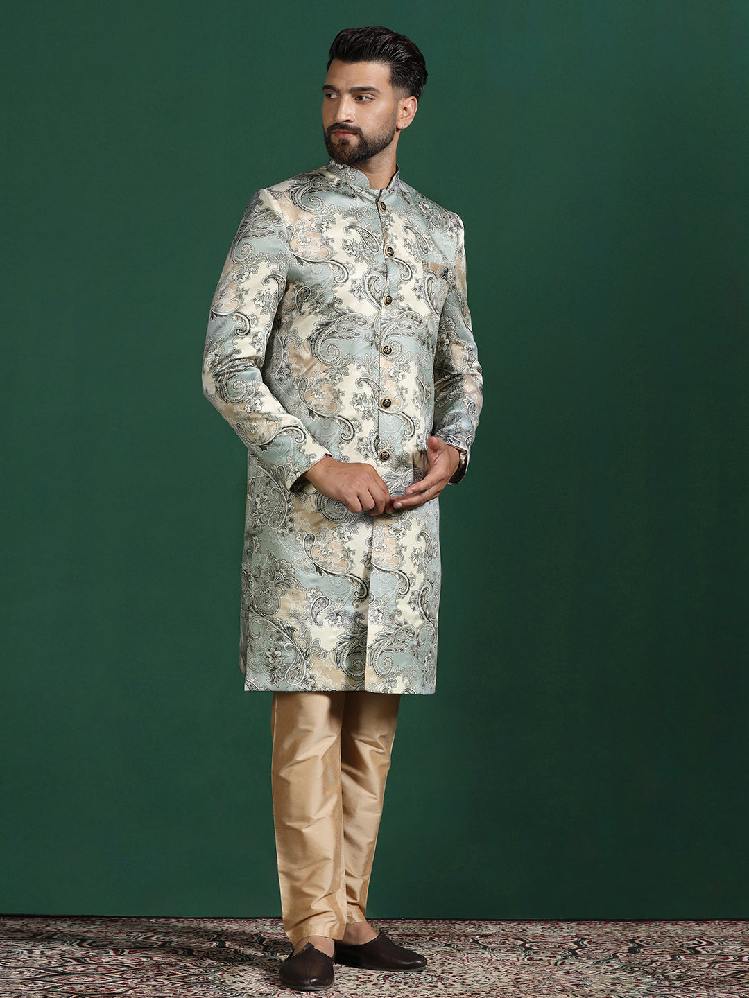 Grey Cotton Blend Sherwani Set For Men With Paisley Print | SHOBITAM