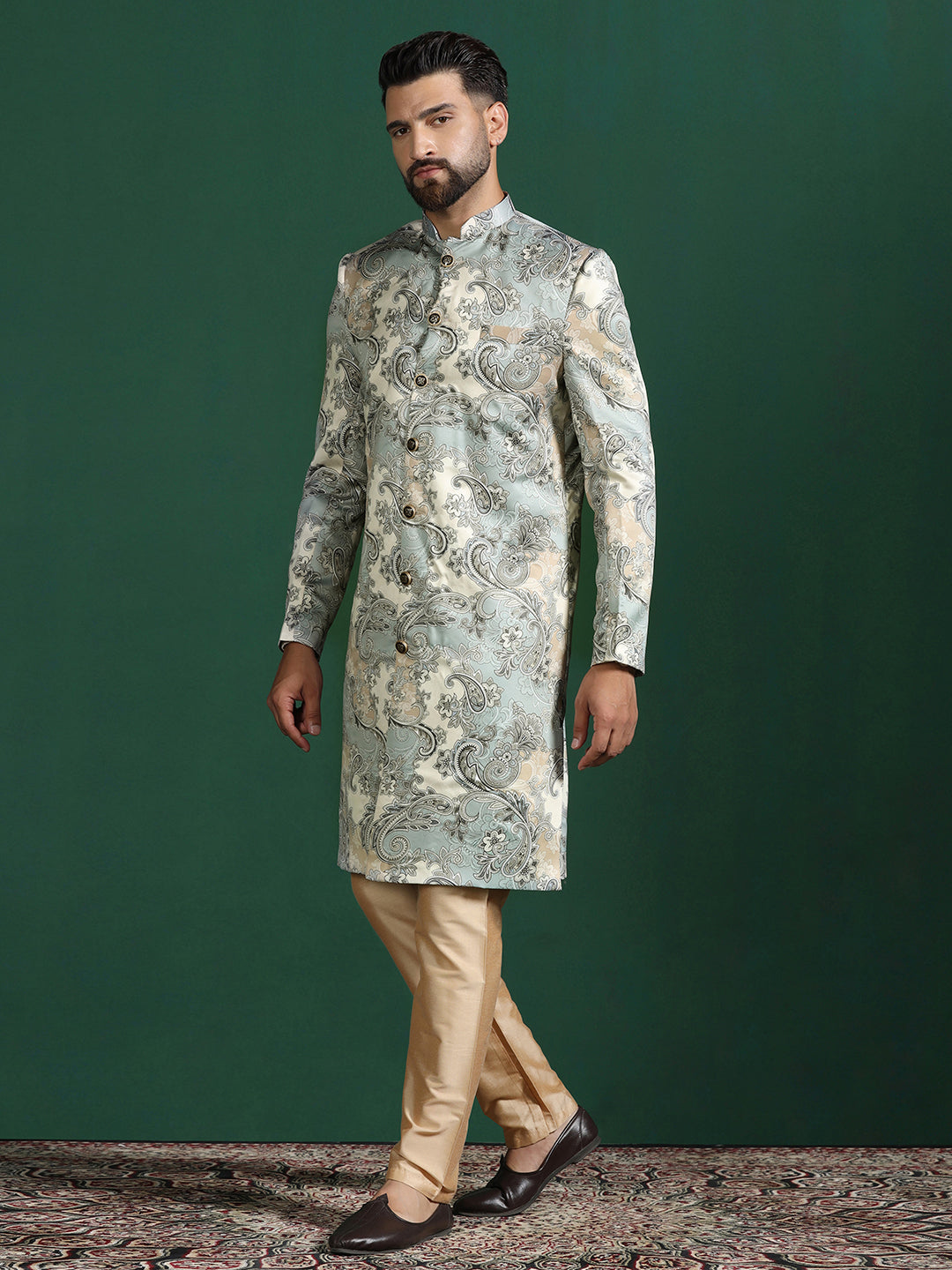 Grey Cotton Blend Sherwani Set For Men With Paisley Print | SHOBITAM