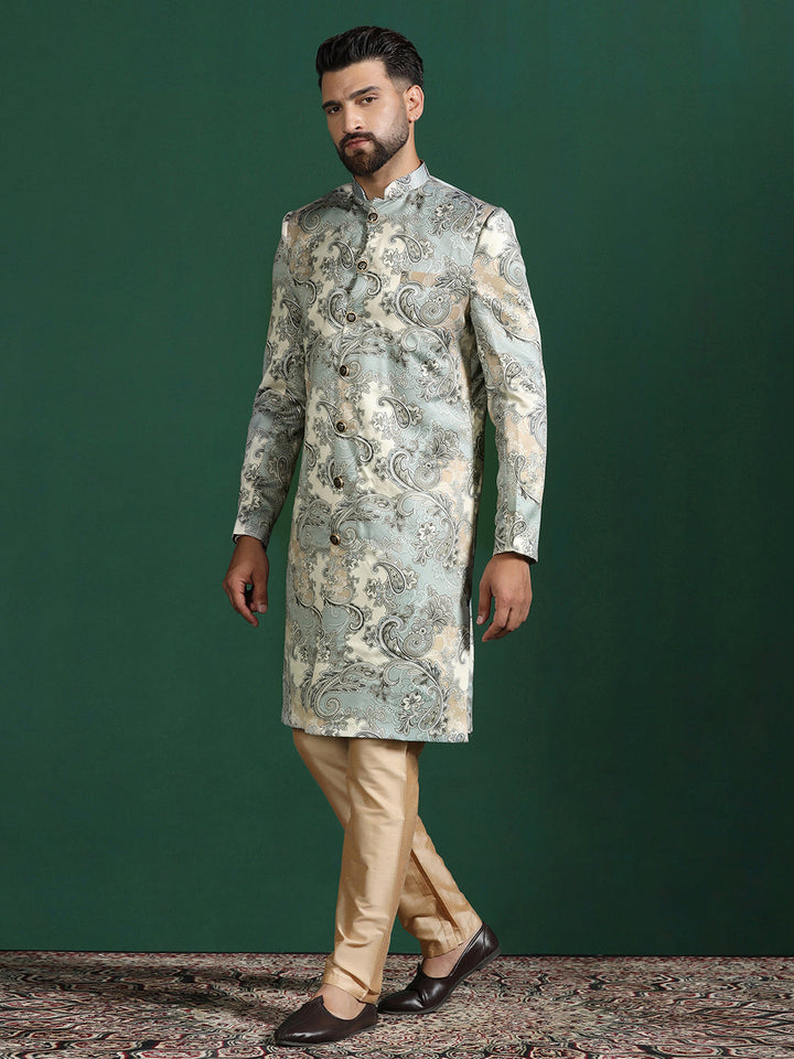 Grey Cotton Blend Sherwani Set For Men With Paisley Print | SHOBITAM