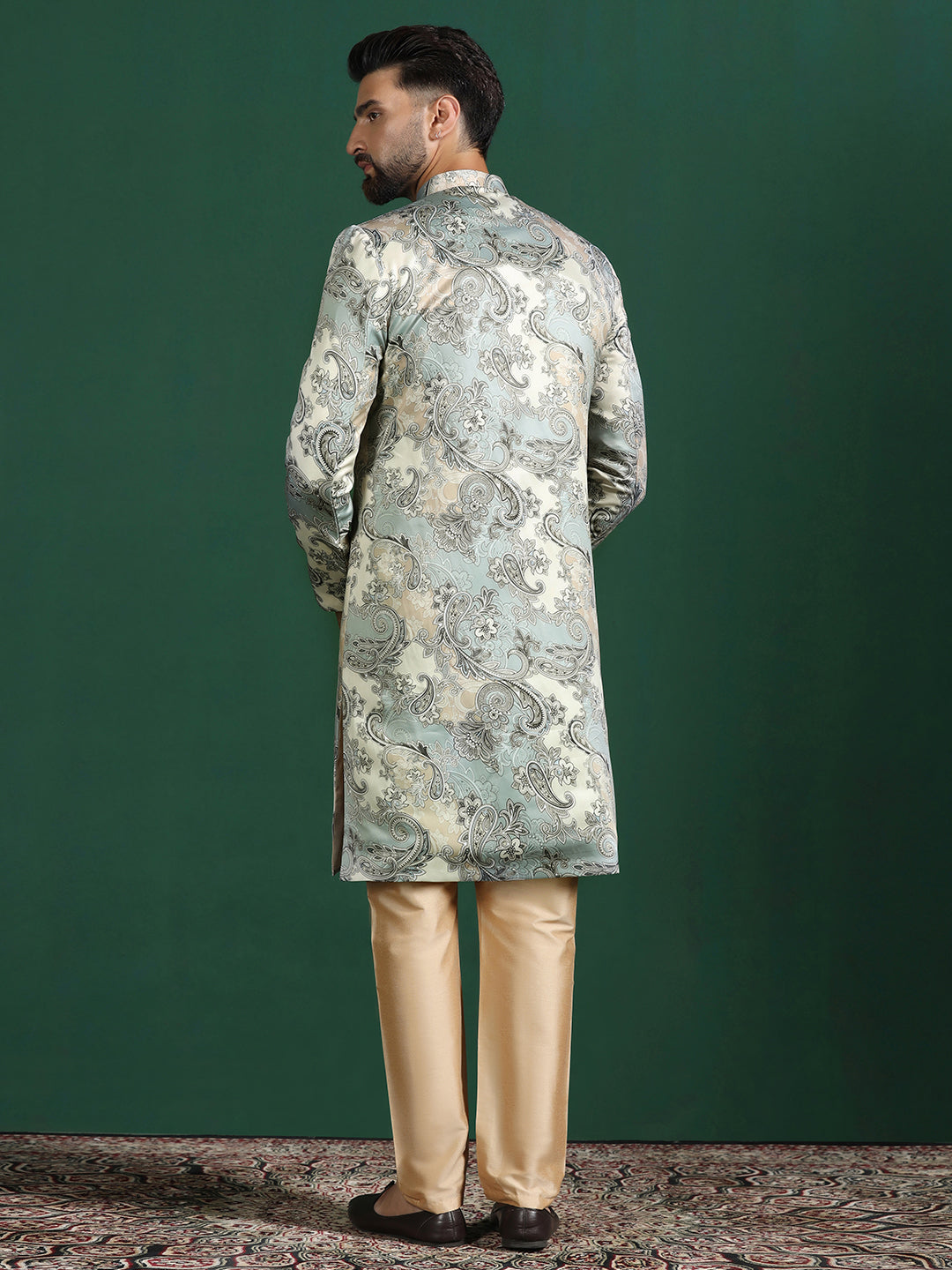 Grey Cotton Blend Sherwani Set For Men With Paisley Print | SHOBITAM