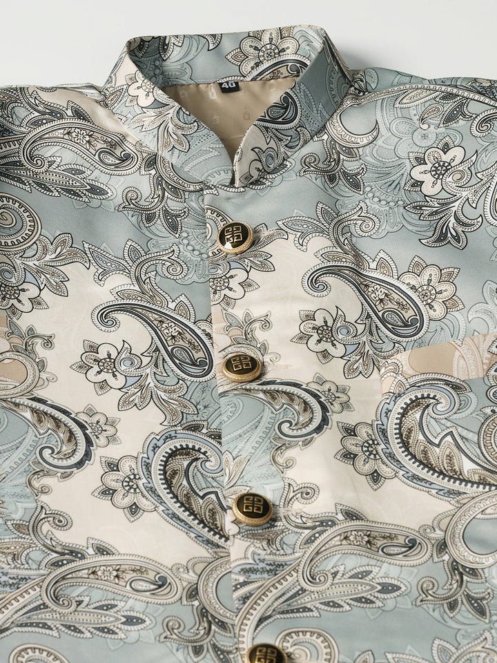Grey Cotton Blend Sherwani Set For Men With Paisley Print | SHOBITAM