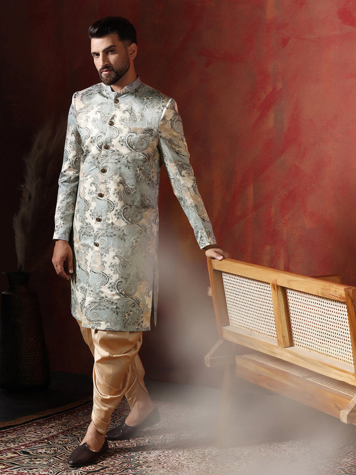 Grey Cotton Blend Sherwani Set For Men With Paisley Print | SHOBITAM