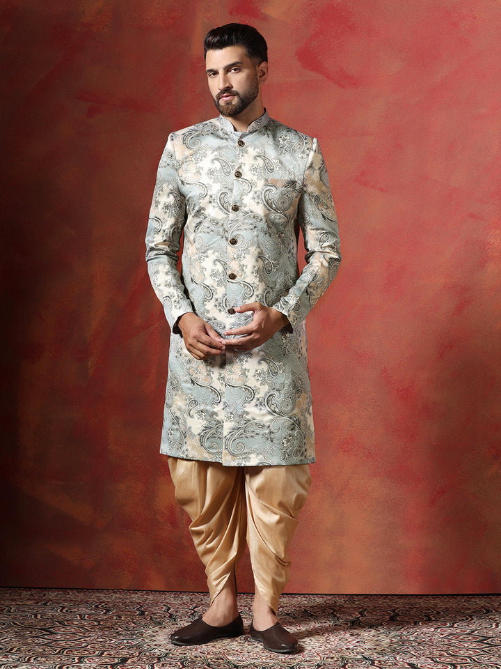 Grey Cotton Blend Sherwani Set For Men With Paisley Print | SHOBITAM