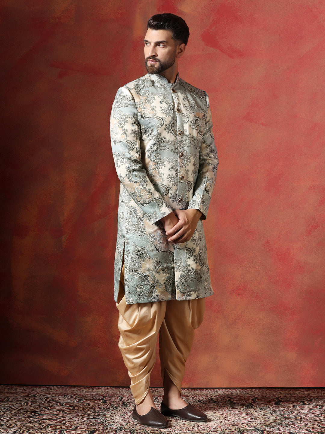 Grey Cotton Blend Sherwani Set For Men With Paisley Print | SHOBITAM