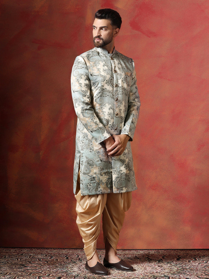 Grey Cotton Blend Sherwani Set For Men With Paisley Print | SHOBITAM