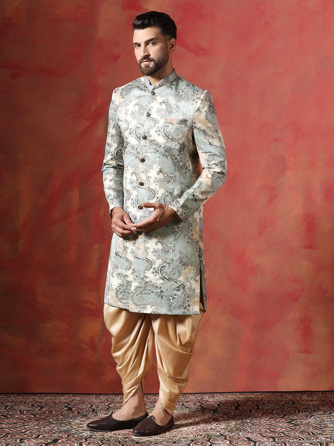 Grey Cotton Blend Sherwani Set For Men With Paisley Print | SHOBITAM