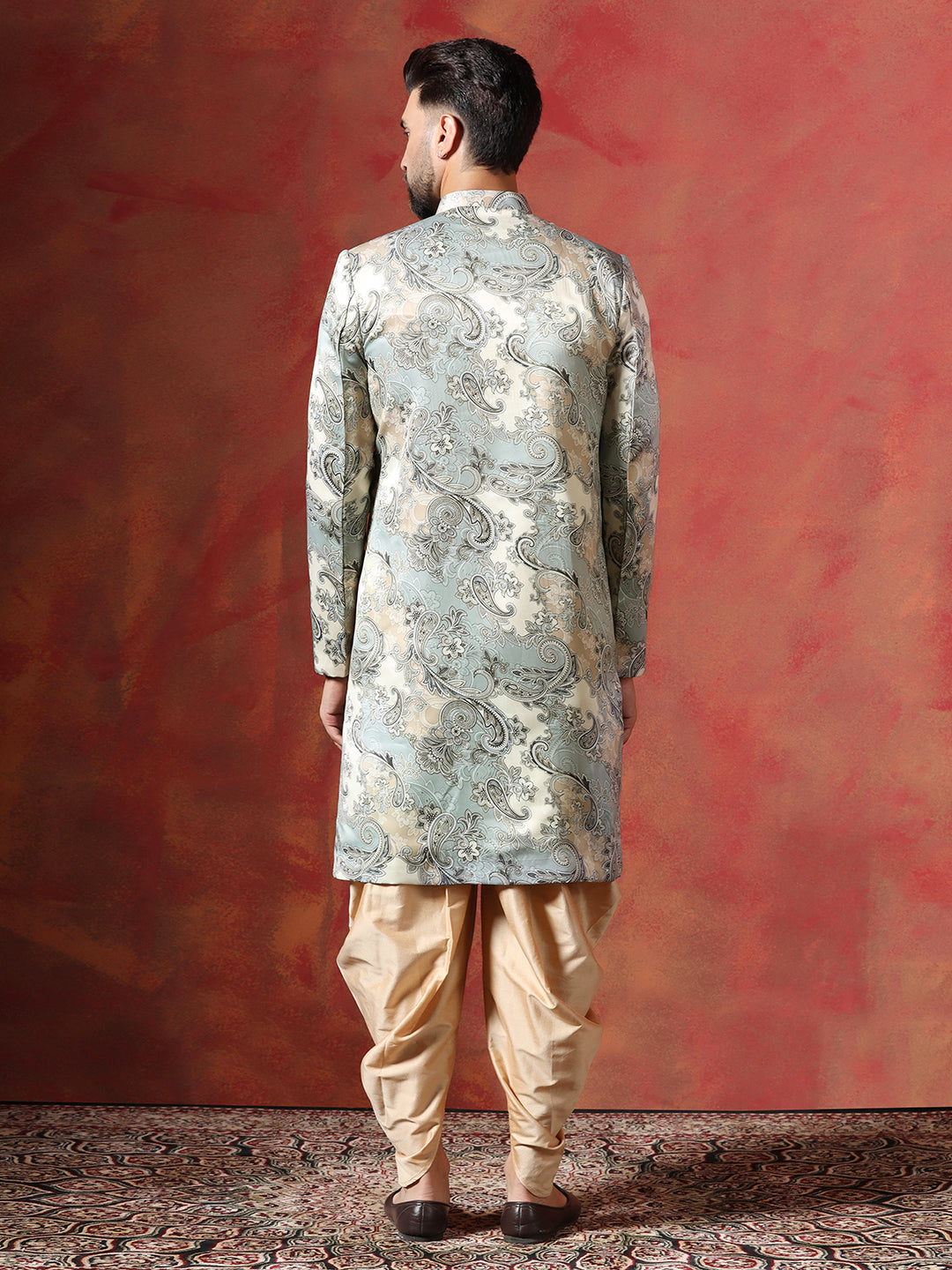 Grey Cotton Blend Sherwani Set For Men With Paisley Print | SHOBITAM