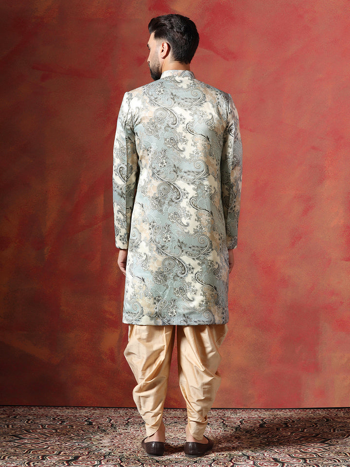 Grey Cotton Blend Sherwani Set For Men With Paisley Print | SHOBITAM