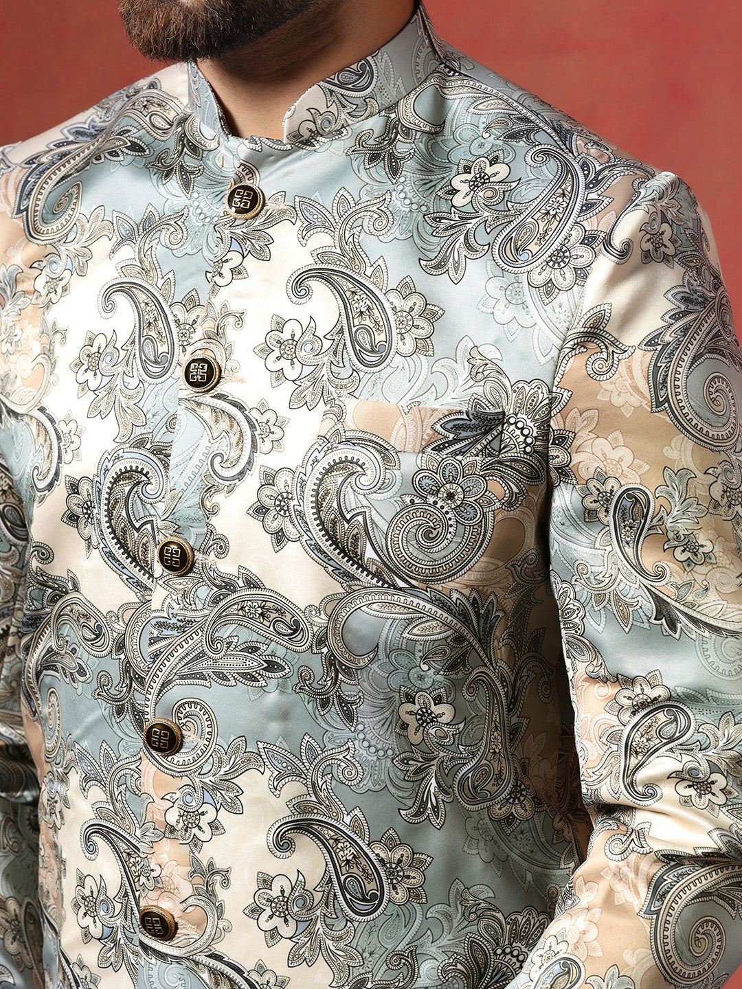 Grey Cotton Blend Sherwani Set For Men With Paisley Print | SHOBITAM