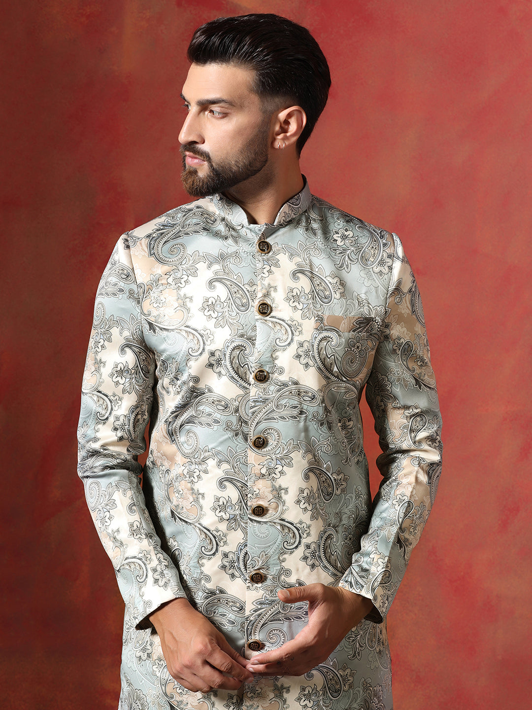 Grey Cotton Blend Sherwani Set For Men With Paisley Print | SHOBITAM