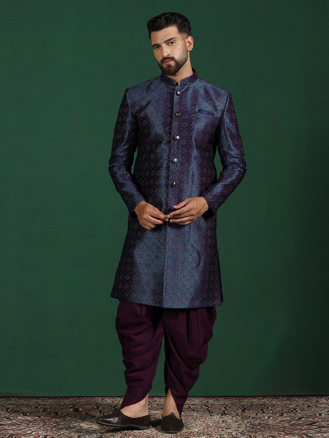 Navy Blue Jacquard Sherwani Set For Men With Embroidered Work | SHOBITAM