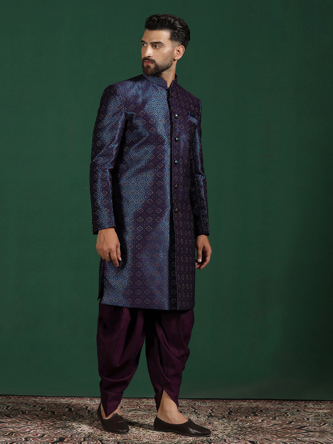 Navy Blue Jacquard Sherwani Set For Men With Embroidered Work | SHOBITAM