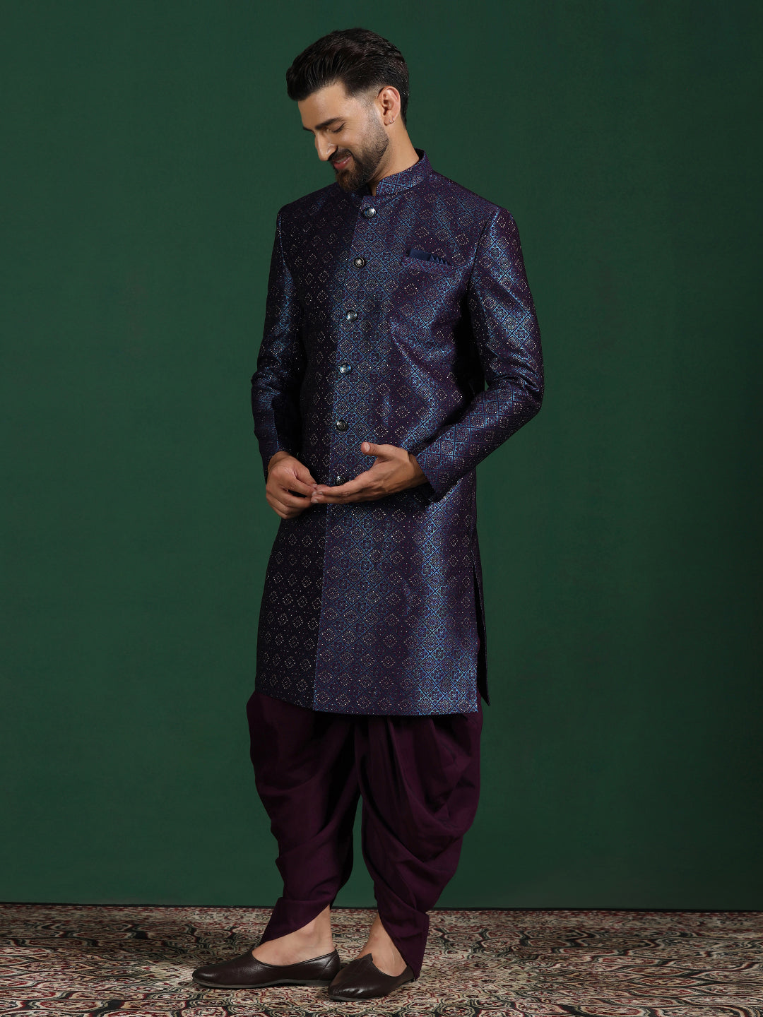 Navy Blue Jacquard Sherwani Set For Men With Embroidered Work | SHOBITAM