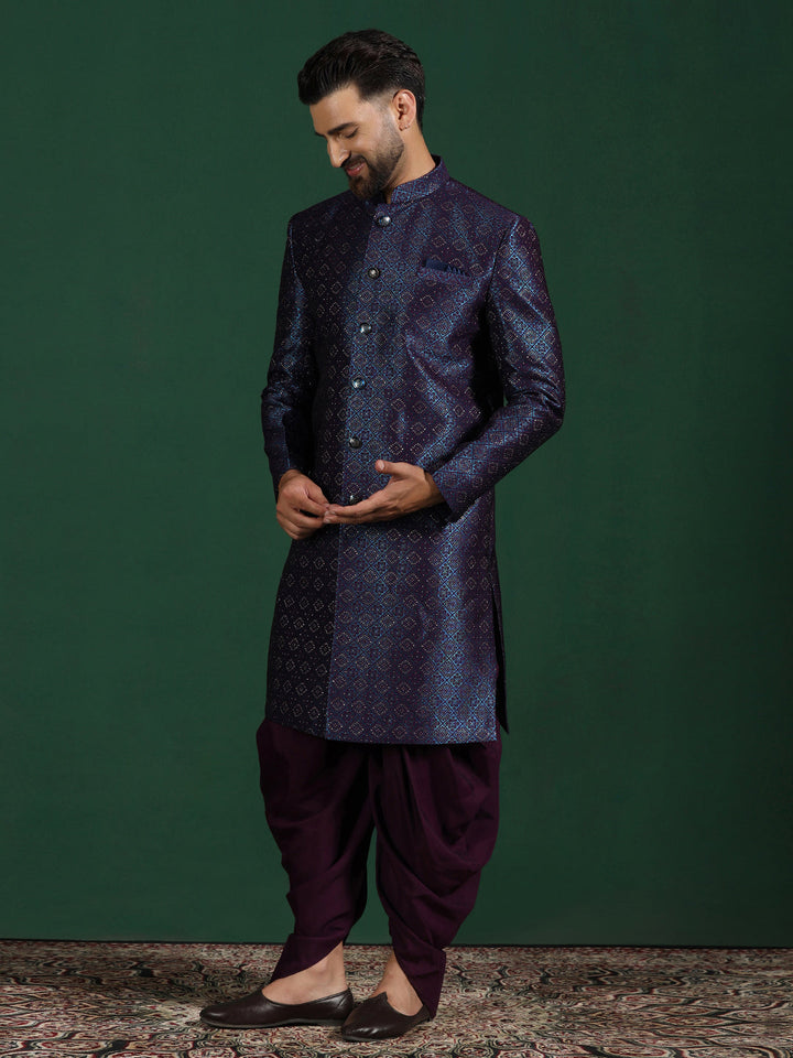 Navy Blue Jacquard Sherwani Set For Men With Embroidered Work | SHOBITAM