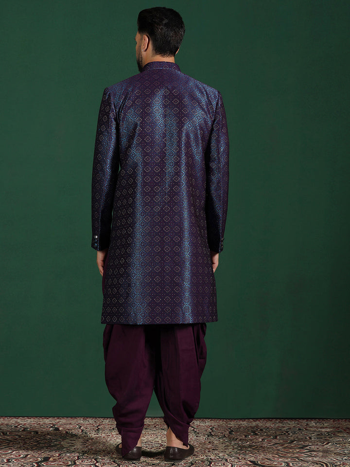 Navy Blue Jacquard Sherwani Set For Men With Embroidered Work | SHOBITAM
