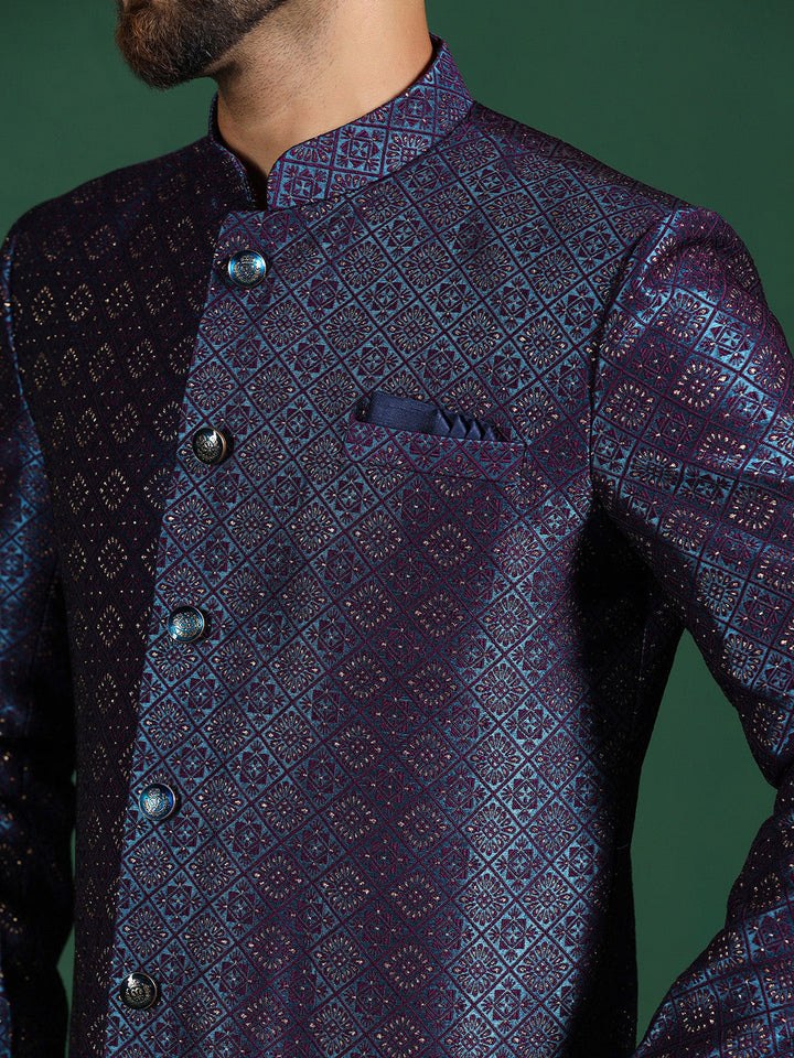 Navy Blue Jacquard Sherwani Set For Men With Embroidered Work | SHOBITAM