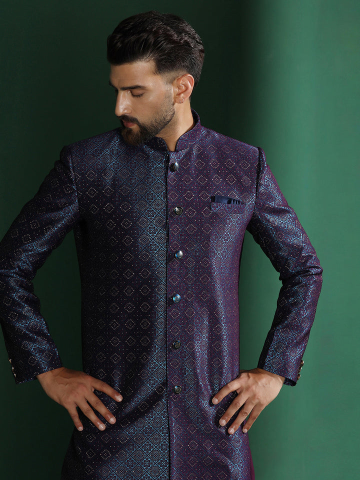 Navy Blue Jacquard Sherwani Set For Men With Embroidered Work | SHOBITAM
