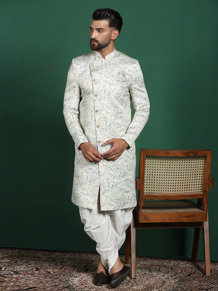 Cream Cotton Blend Sherwani Set For Men With Paisley Print| SHOBITAM