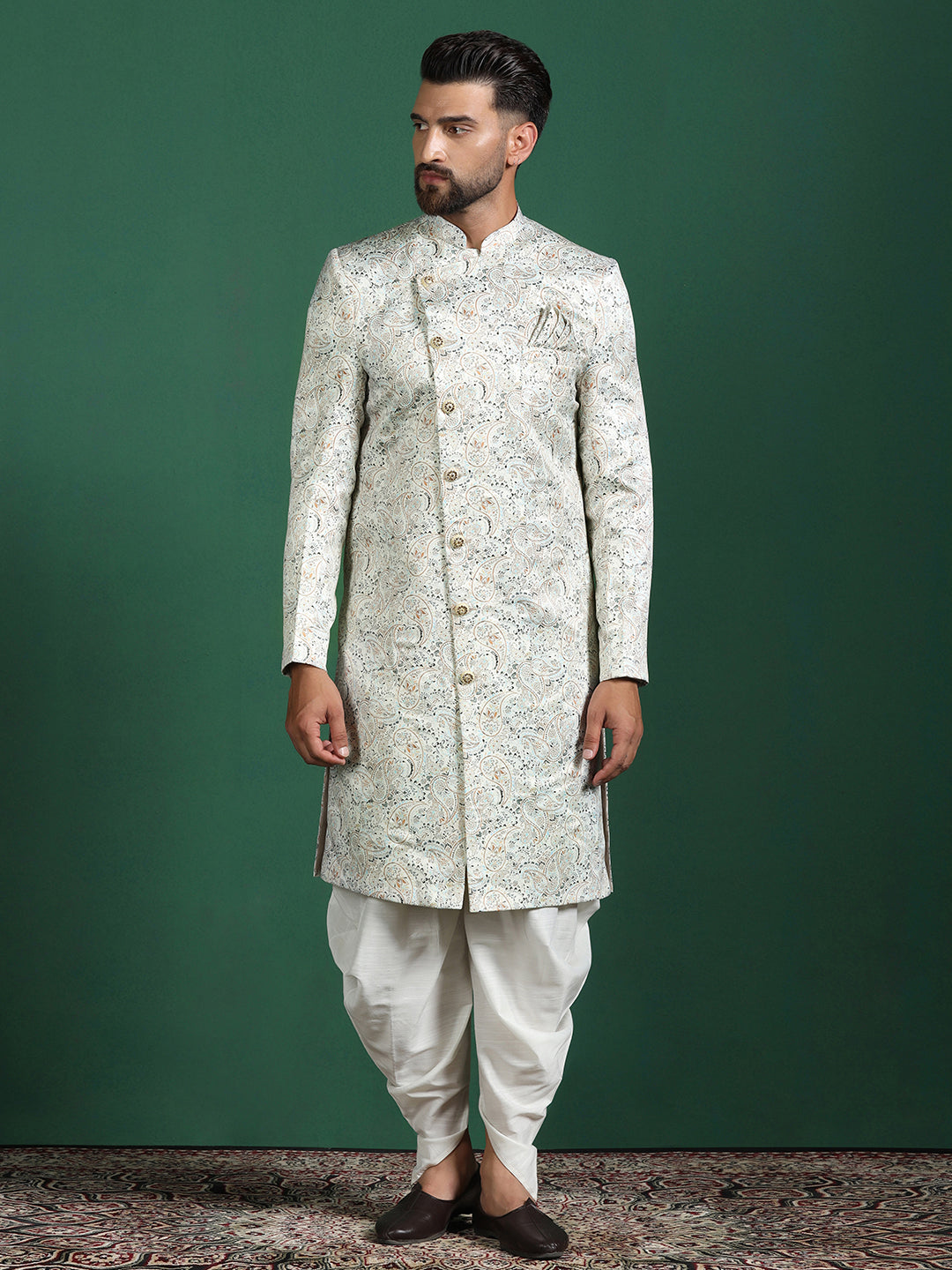 Cream Cotton Blend Sherwani Set For Men With Paisley Print| SHOBITAM
